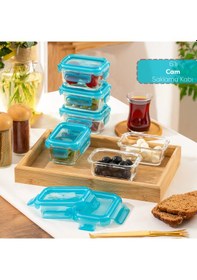 Resim Porsima 4376 6lı Sızdırmaz Kilit Kapaklı Yiyecek Erzak Saklama Kabı Seti - Cam Saklama Kabı - 150ml Mavi Mavi 