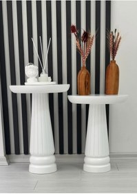 Resim ASELYA HOME Ahşap 2’li Set Mantar Yan Sehpa Modern Beyaz Renk Fiskos Zigon Çiçeklik Orta Sehpa 