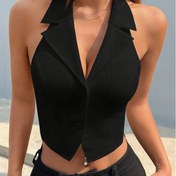 Resim Şık Mavi Kadın V-Yaka Şık Tank Üstü - Düz Renk, Düğmeli Tasarım ile Ruched Detay, Bahar/Yaz/Sonbahar için Mükemmel, Makinede Yıkanabilir Polyester, Bahar Yaz Modası | Ruched Detay Yelek | Dayanıklı Kumaş, Bayan Tank Üstü 