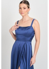 Resim Doridorca Kadın Kare Yaka Sırt Detaylı Maxi Boy Saten Abiye Elbise 7089 Koyu İndigo 