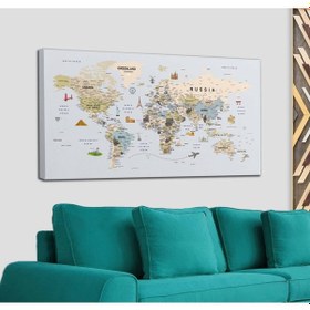 Resim Dünya Haritası Çok Detaylı Ünlü Yerler Sembollü Kanvas Tablo 1746 