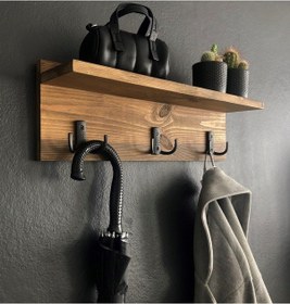 Resim O&Awood Doğal Ahşap Vestiyer, Dekoratif 3 Askılı Portmanto, Raflı Vintage (503246659) 