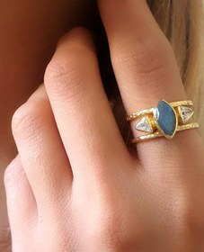 Resim OSESHOP Rutil Kuvars Zirkon Taşlı Gümüş Üzerine Altın Kaplama El Işi Yüzük 