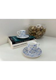 Resim Motifli Porselen Fincan Takımı - 2 Kişilik Mavi Beyaz 