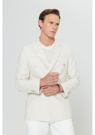 Resim AC&Co / Altınyıldız Classics Erkek Bej Pamuklu Keten Slim Fit Dar Kesim Kırlangıç Yaka Çizgili Kruvaze Blazer Ceket Bej 