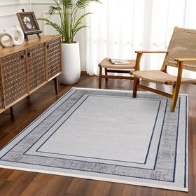 Resim Gri Çerçeveli Modern Geometrik Etnik Eskitme Desenli Boho Makinada Yıkanabilir Hafif Hav Toz Vermez Leke Tutmaz Kaymaz Taban Dijital Makine Baskı Halı Oturma Odası Salon Yolluk Koridor Mutfak Halısı 