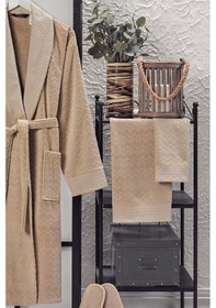 Resim Ansaaj Kadife Jakarlı 4 Parça Bornoz Takımı Sütlü Kahve 