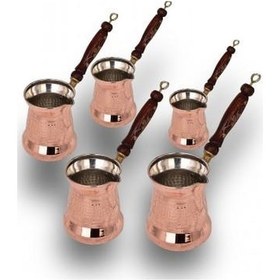 Resim Turna Bakır Sultan Cezve 5'li Takım İnce Ahşap Kulp Makine Dövme 