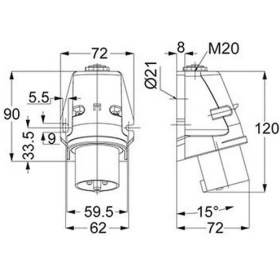 Resim Mete Enerji T24423V 3 x 16A. IP44 Duvar Fişi Eğik Gövdeli Vidalı Bağ. 