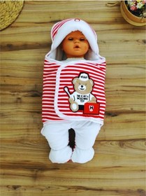 Resim Yenidoğan Unisex Ayaklı Bebek Kundağı Ve Uyku Tulumu - Ayıcık Nakışlı & Kırmızı Çizgili Kırmızı 
