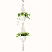 Resim 2 Katlı Makaron Asılı Planter - Beaded Pamuk Halatlı Bohem Tarzı Kapalı / Açık Bitki Sepeti, 124.46cm Yükseklik, Beyaz, Patio veya Bahçe Dekoru İçin Mükemmel, Kapalı Bitki Asılı Planterler 