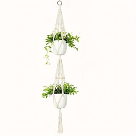 Resim 2 Katlı Makaron Asılı Planter - Beaded Pamuk Halatlı Bohem Tarzı Kapalı / Açık Bitki Sepeti, 124.46cm Yükseklik, Beyaz, Patio veya Bahçe Dekoru İçin Mükemmel, Kapalı Bitki Asılı Planterler 