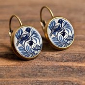 Resim Suteyi Vintage Cam Kuş Küpeleri - Fransız Esintili, Mavi & Beyaz Porselen Tasarım Altın Tonlu Alaşım Kancalarla, Günlük Kullanım & Özel Günler İçin Şık Kadın Moda Aksesuarı, İlginç Küpeler 