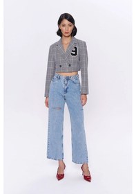 Resim Kareli Çift Düğmeli Crop Blazer Ceket Gri Gri 