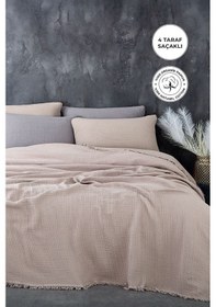 Resim %100 Pamuk Çift Kişilik Müslin Yatak Örtüsü 4 Katlı Yumuşak Battaniye Müslin Pike Takımı 3 Parça Cappuccino Cappucino 