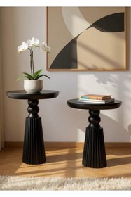 Resim AYLESA Doğal Ahşap 2’li Set Siyah Mantar Yan Sehpa Modern Fiskos Zigon Çiçeklik 