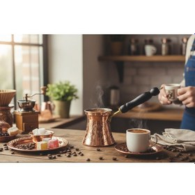 Resim Ludıa İşlemeli Ahşap Saplı El Yapımı Eskitme Bakır Cezve M2 