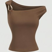 Resim Kadınlar İçin Şık Asimetrik Tek Omuzlu Kolsuz Metal Düğmeli Tank Top - Esnek Dar Kesim Yazlık Üst, Düz Renk, Makinede Yıkanabilir, Bayan Atleti, Günlük Giyim, Tek Omuz Stili, Pürüzsüz Dokulu 