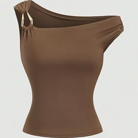 Resim Kadınlar İçin Şık Asimetrik Tek Omuzlu Kolsuz Metal Düğmeli Tank Top - Esnek Dar Kesim Yazlık Üst, Düz Renk, Makinede Yıkanabilir, Bayan Atleti, Günlük Giyim, Tek Omuz Stili, Pürüzsüz Dokulu 
