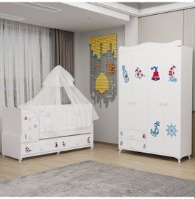 Resim Melina Yıldız 4 Kapaklı Dolap Takım + Yatak + Uyku Seti - Denizci Beyaz 