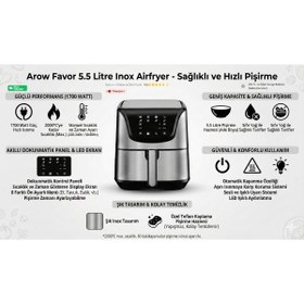 Resim RİVO HOME DECOR Arow Favor 5.5 Litre Inox Airfryer Yağsız Fritöz 1700W Dokunmatik Led Ekranlı HEDİYELİ 