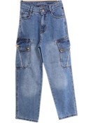 Resim Erkek Çocuk Bagi Model Çift Kargo Cepli Mavi Kot Pantolon Mavi 