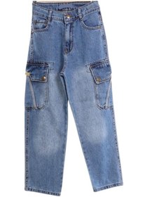 Resim Erkek Çocuk Bagi Model Çift Kargo Cepli Mavi Kot Pantolon Mavi 