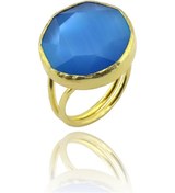 Resim Beyisa Güneş Taşı Serisi Kedi Gözü Yuvarlak Mavi 22 Ayar Gold Altın Sarı Kaplama Kadın Yüzük 