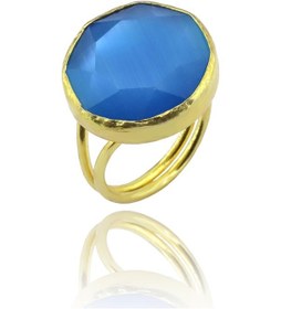 Resim Beyisa Güneş Taşı Serisi Kedi Gözü Yuvarlak Mavi 22 Ayar Gold Altın Sarı Kaplama Kadın Yüzük 