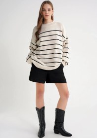 Resim Mixray 6944 Kadın Salaş Yumuşak Dokulu Çizgili Triko Kazak Naturel 