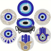 Resim 6 adet 5D Elmas Boyama Altlığı Seti ile Standı, Mavi Kötü Göz DIY Elmas Altlık Kiti Aksesuarları, Hamsa El Yapımı Elmas Boyama Kiti Başlangıç Seviyesinde Yetişkinler için Uygun El Sanatları Malzemeleri Bohemyan Ev Dekorasyonu 
