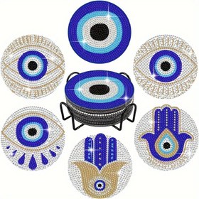 Resim 6 adet 5D Elmas Boyama Altlığı Seti ile Standı, Mavi Kötü Göz DIY Elmas Altlık Kiti Aksesuarları, Hamsa El Yapımı Elmas Boyama Kiti Başlangıç Seviyesinde Yetişkinler için Uygun El Sanatları Malzemeleri Bohemyan Ev Dekorasyonu 