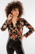 Resim AQE FASHION Kadın Palmiye Desenli Baskılı Kruvaze Siyah Bluz 