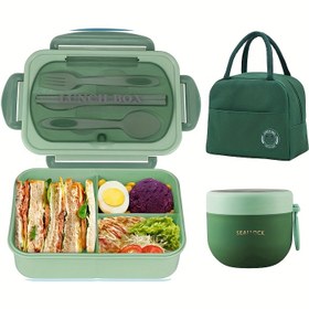 Resim Yetişkinler için Termal Çanta ile 3 Adet Öğle Kutusu Seti, Kahvaltı Bardağı, Taşınabilir Kapalı Bölme Bento Kutusu, 40.58Oz Kapasiteli, Mikrodalga ve Bulaşık Makinesi Kullanılabilir, İş ve Piknikler için Yemek Taşıma İçin İdeal, Okula Dönüş 
