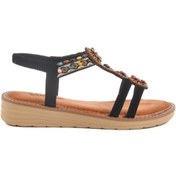 Resim Voyager Siyah Hakiki Deri Taş İşlemeli Kadın Düz Sandalet Çok Renkli 