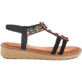 Resim Voyager Siyah Hakiki Deri Taş İşlemeli Kadın Düz Sandalet Çok Renkli 
