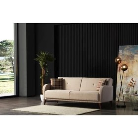Resim Meşe Home Rinka Süngerli Kollu Bazalı Yataklı Bej Üçlü Koltuk Kanepe 