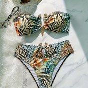 Resim Kadın Modası Zebra ve Leopar Desenli 2 Parça Bikini Seti V-Yaka Metal Kolye Üçgen Alt, Kadın Giyim ve Mayo 