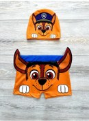 Resim Erkek Çocuk Bel Ayarlı Karakter Desenli Kulak Detaylı Hipster Mayo Bone Takımı Turuncu Mavi Turuncu - Mavi 