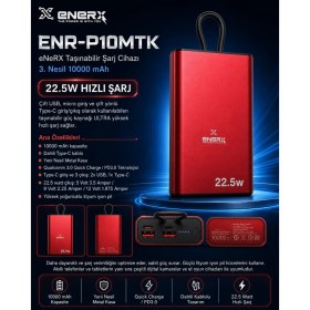 Resim Enerx ENR-P10MTK Powerbank 10000 Mah 22.5W Hızlı Şarj, Dahili Type-C Kablolu Yeni Nesil Metal Kasa Taşınabilir Şarj Cihazı 