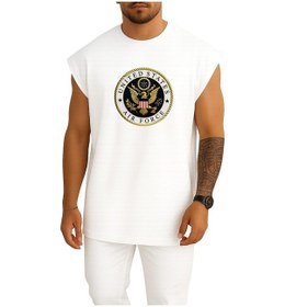 Resim Bahriyeli Collection Oversize Amerika Birleşik Devletleri Hava Kuvvetleri Göğüs Baskılı Atlet Beyaz 