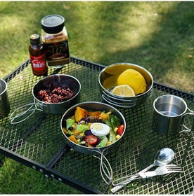 Resim Vkemall Stainless Steel Kampanya Tencere Seti 5 Parça - Çelik Kapaklı, Yığılabilir, Dağcılık Ve Piknik İçin Dayanıklı Matara, Kase Ve Tava Çok Renkli 