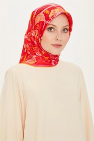 Resim Armine Çiçek Desenli Twill Saf İpek Eşarp 9227d 09 KAhverengi 