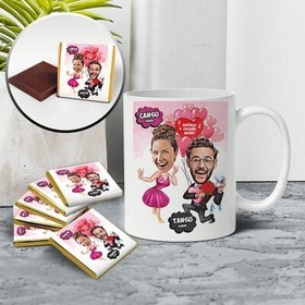 Resim Heyecanlı Aşk Çiftleri Karikatürlü Kupa ve Çikolata 