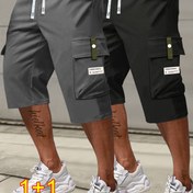 Resim 2 Adet Erkek Yazlık Kargo Capri Pantolon, Beli İpli, Büyük Cepli & Harf Yamaları - Bej & Gri Renklerde Rahat Polyester Diz Boyu Spor Pantolonlar, Spor Capri Pantolonlar|Rahat Kargo Pantolonlar|Pürüzsüz Dokulu 