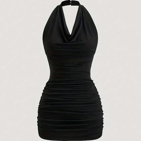 Resim Kadınlar için Seksi Boyun Bağlamalı Sırtı Açık Bodycon Elbise - Esnek Orta Ağırlıkta Kumaş, Şık Düz Renkli Yazlık Parti Elbisesi, Makinede Yıkanabilir, Dar Kesim, Akşam Giyimi, Seksi Silüet, Piliseli Detaylı 