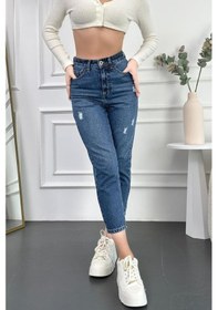 Resim Mavi Yıpratmalı Kadın Boyfriend Jean Yüksek Bel Kot Pantolon Mabel Model 001 