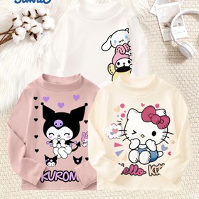 Resim 3'lü Kız Çocuk Sıcak Uzun Kollu Üst, Sanrio Resmi Lisanslı, Çizgi Film Sevimli Hello Kitty & Kuromi Dijital Baskı Desenli, Unisex Dış Giyim Günlük Spor Kazakları Gençler İçin, Örme, Doğum Günü Partileri ve Okula Dönüş Sezonu İçin Mükemmel 