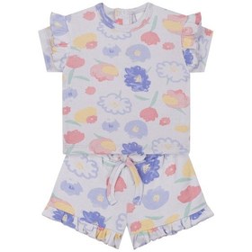 Resim Antebies Organik Lila Suluboya Çiçek Desenli Fırfırlı Kısa Kollu Kız Bebek Tshirt Şort Takımı Mor 
