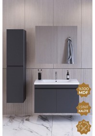 Resim Teta Home Tokyo 65 Cm Mdf Banyo Dolabı Seti + Boy Dolabı Antrasit Antrasit 